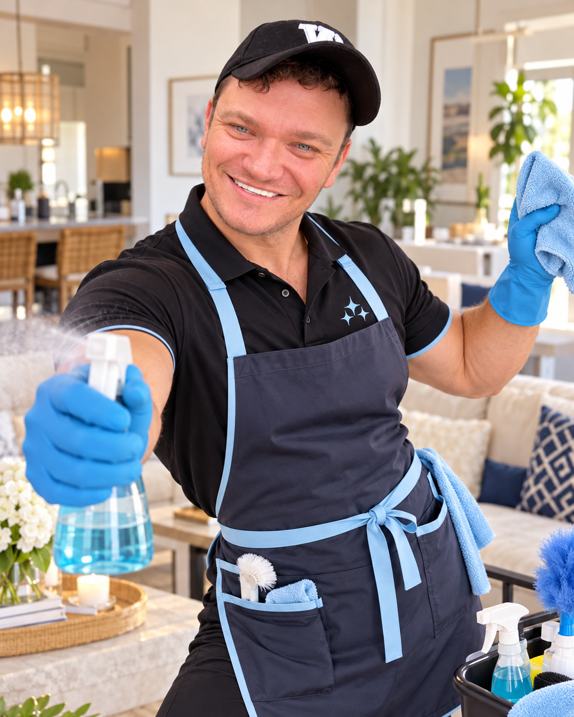 Joseph from JTP Cleaning with cleaning equipment in a bright home